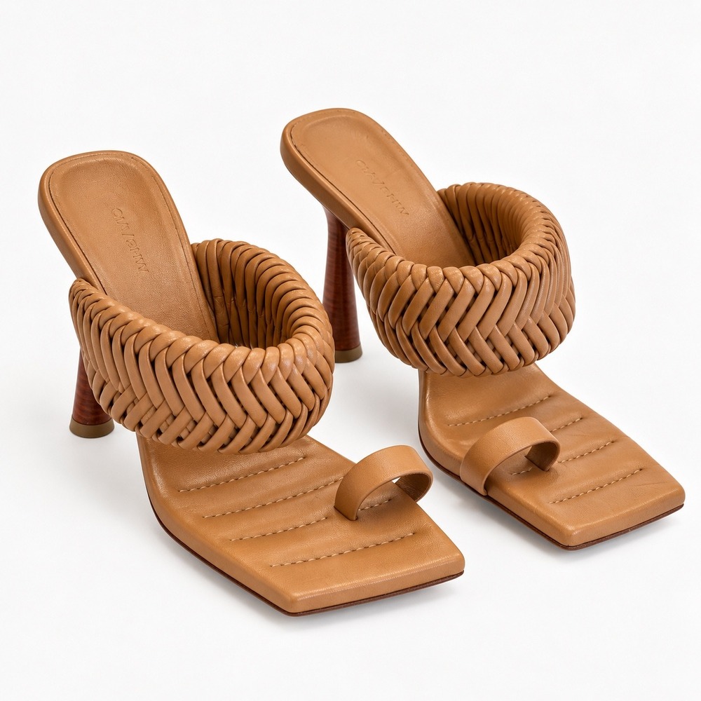 Cult Gaia Tan Woven Leather Toe Ring Heels 38.5 US 8.5 Square Toe Sandals